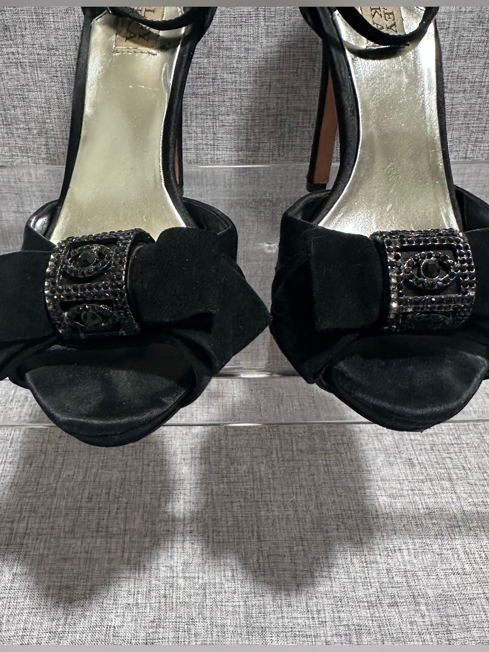 Badgley Mischka Black Satin Bow Peep-Toe Heels with Jeweled Buckle